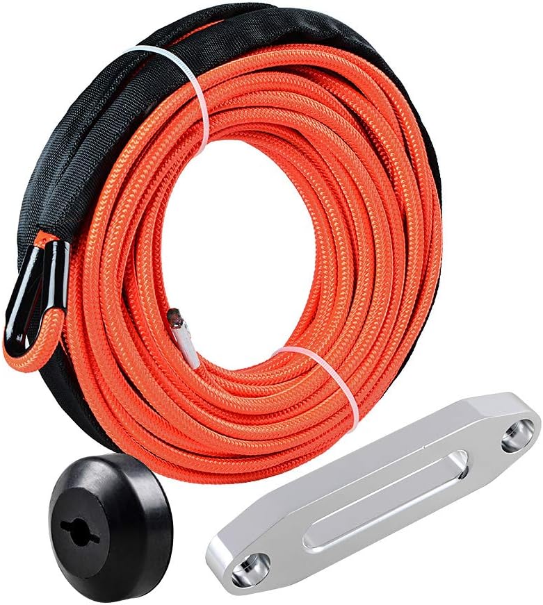 Orange 50ft 1/4 inch Synthetic Winch Rope Recovery Cable Towing 7000LBS + 4 4/5" Chrome CNC Aluminum Hawse Fairlead + Black Rubber Stopper kit Universal fit Car SUV ATV UTV Pickup