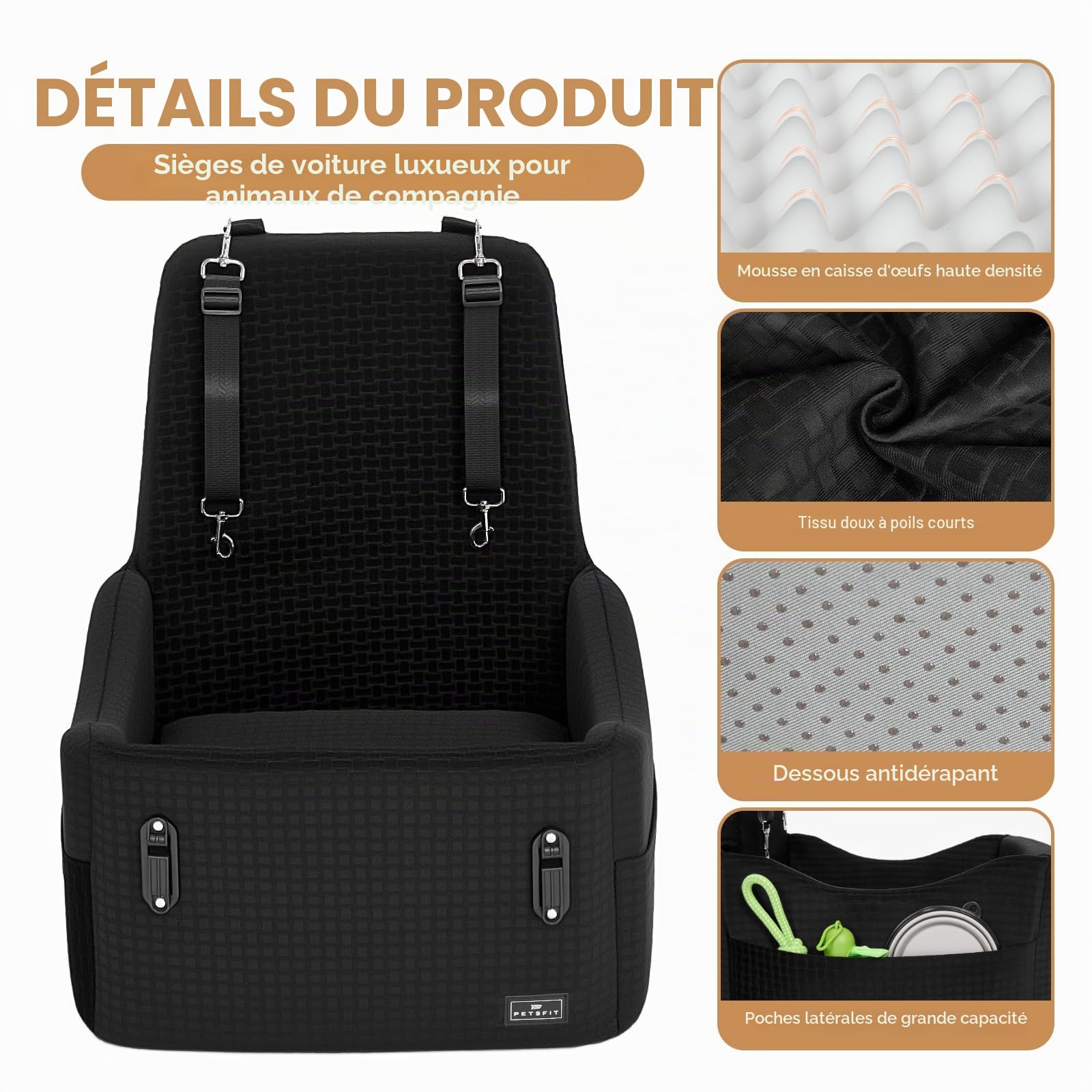 PETSFIT Siège Auto pour Chien, pour Chiens Petits/Moyens jusqu'à 15kg – Système de Sécurité Breveté, Coussin Mémoire de Forme 13cm, Housse Lavable, Coussin Double Face, Idéal pour Voyage– Noir & Gris
