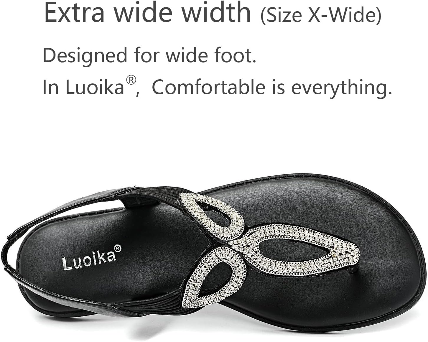 Luoika Women's Wide Width Flat Slides Sandals, Flip Flop Strappy Rhinestone Thong Sandals Comfortable Summer Beach Shoes for Women.