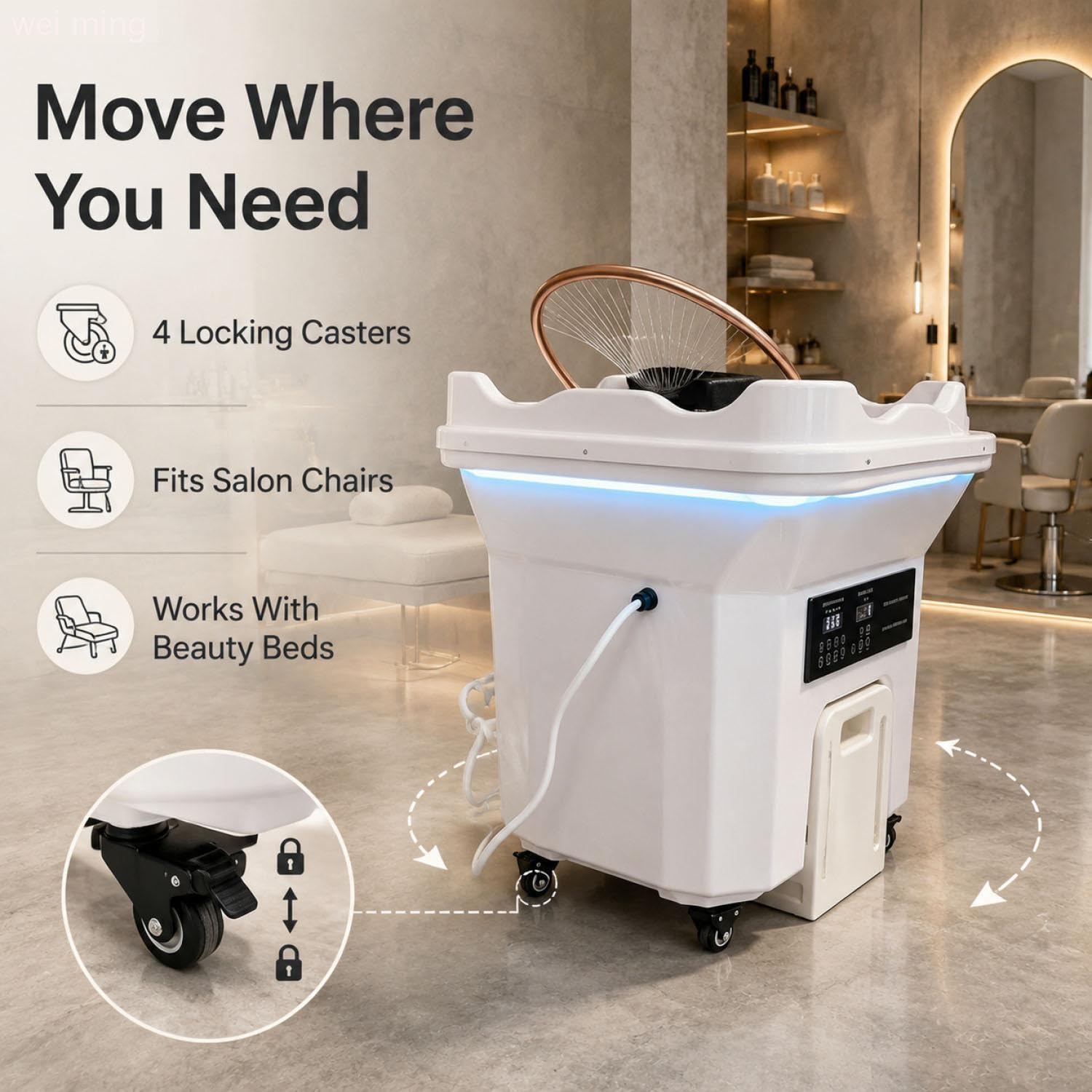 Japanische Head-Spa-Ausrüstung Mobiles Waschbecken Shampoo-Becken mit doppelter Wasserzirkulation Tragbares mit 20 l Abwassertank und 60 l Frischwassertank für Spa-Ausrüstung für Friseure (Weiß)