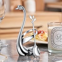 Vista 7 de AnSaw Juego de Portacucharas de Café Pequeñas Plateado, Base de Cisne con Juego de 10 Cucharas Demitasse Espresso, Cuchara de Postre Mini de Hoja