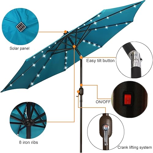 Miniatura 3 de Blissun - Sombrilla solar de 9 pies para exteriores, 32 luces LED, con inclinación y manivela, parasol ideal para patio, jardín, cubierta, piscina