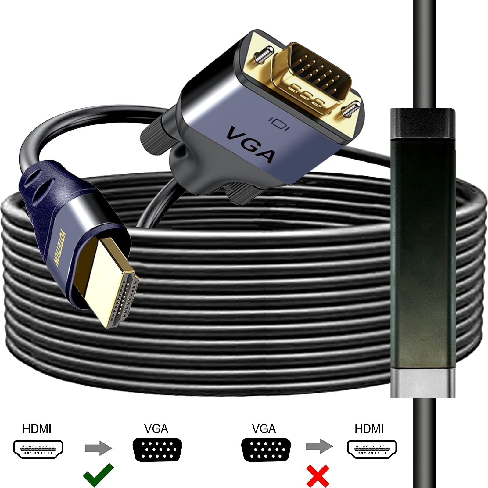 Câble HDMI vers VGA avec IC, HDMI vers VGA plaqué or compatible avec ordinateur, ordinateur de bureau, ordinateur portable, PC, moniteur, projecteur, HDTV, Raspberry Pi, Roku, Xbox et plus