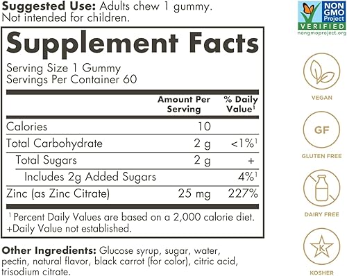 Miniatura 2 de SOLGAR Gomitas de zinc para adultos con 25 mg de citrato de zinc de ultra potencia para apoyo inmunológico, sabor mixto de frutas, veganas, kosher y