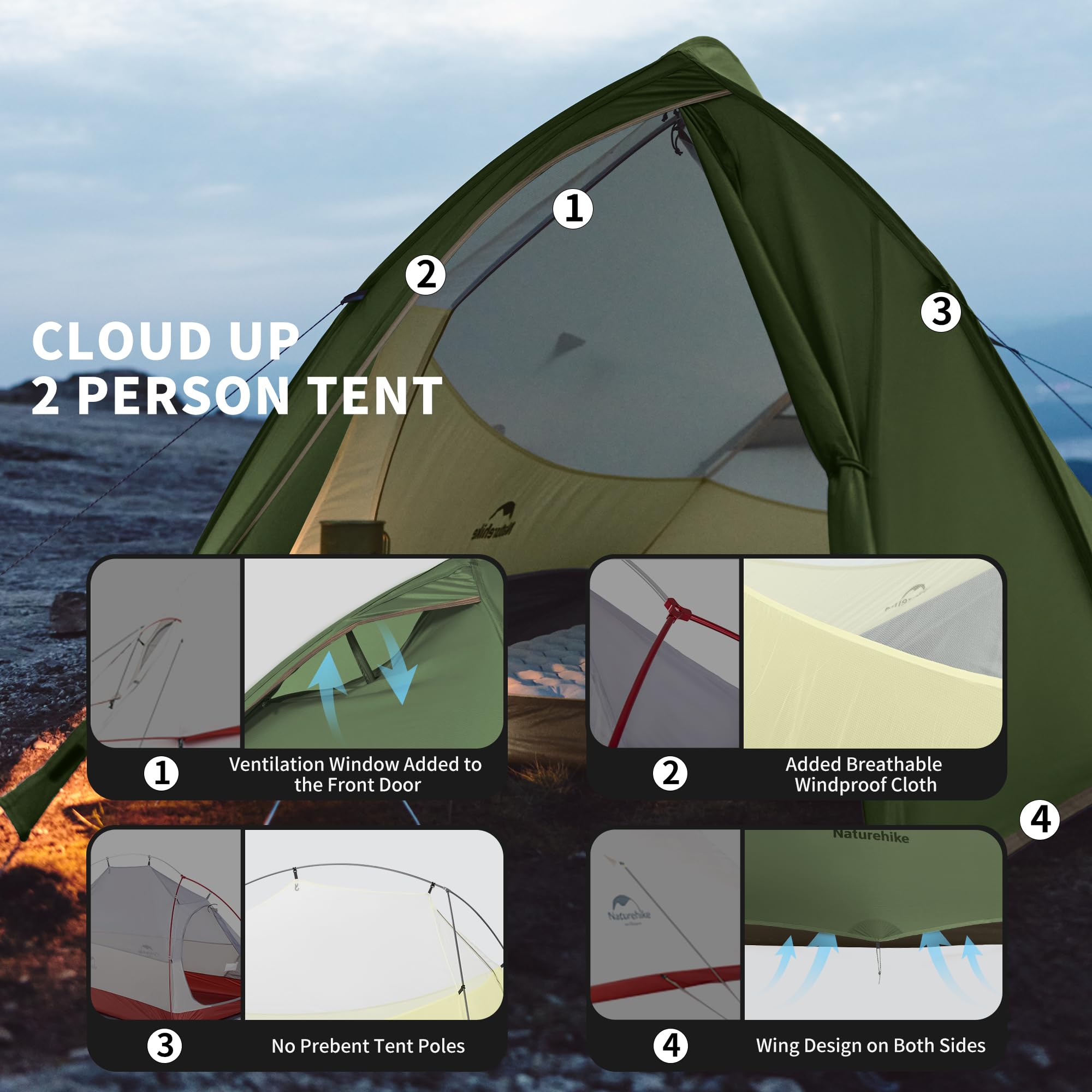 Naturehike Cloud Up Pro - Tenda da campeggio leggera per 2 persone, facile da montare, antivento e impermeabile, per attività all'aperto, viaggi, trekking (verde oliva/senza fluoro)