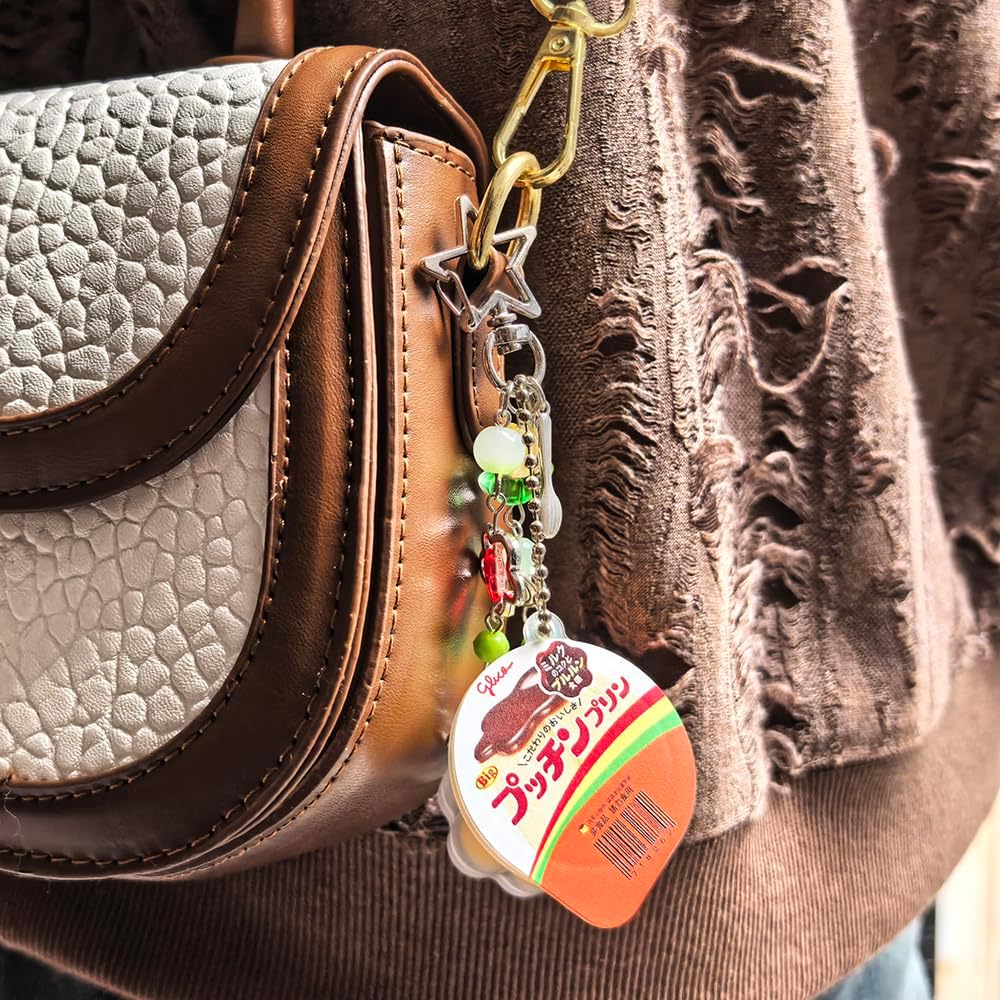 Pudding Cup Keychain with Star Clip, Strawberry and Butterfly Charms, Cute Aesthetic Bag Accessory