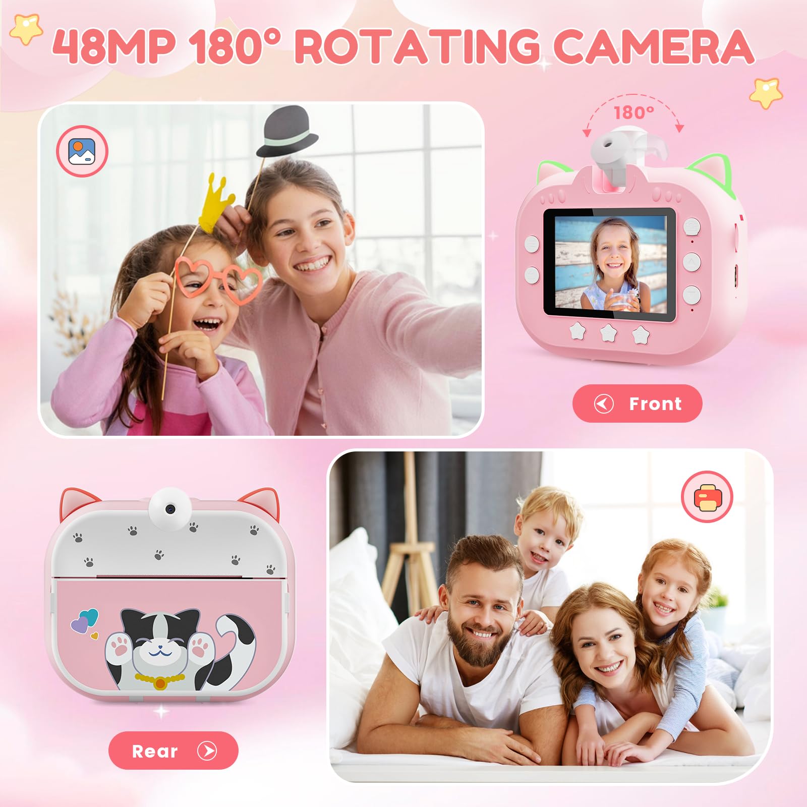 Macchina Fotografica Bambini Istantanea, Potuem 2.4 Pollici Digitale Fotocamera Bambini con Zoom 20X, Lente Ruotabile a 180°, 48MP/1080P Fotocamera Istantanea per Bambini, Regalo di Compleanno