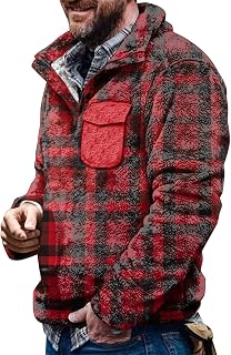 Duohropke Men's Pullover without Hood Plush Coat Camouflage Fluffy Plush Sweat Jacket Plaid Teddy Fleece Sweatshirt Coat Lapel Checked Fleece Jumper Warm Tops