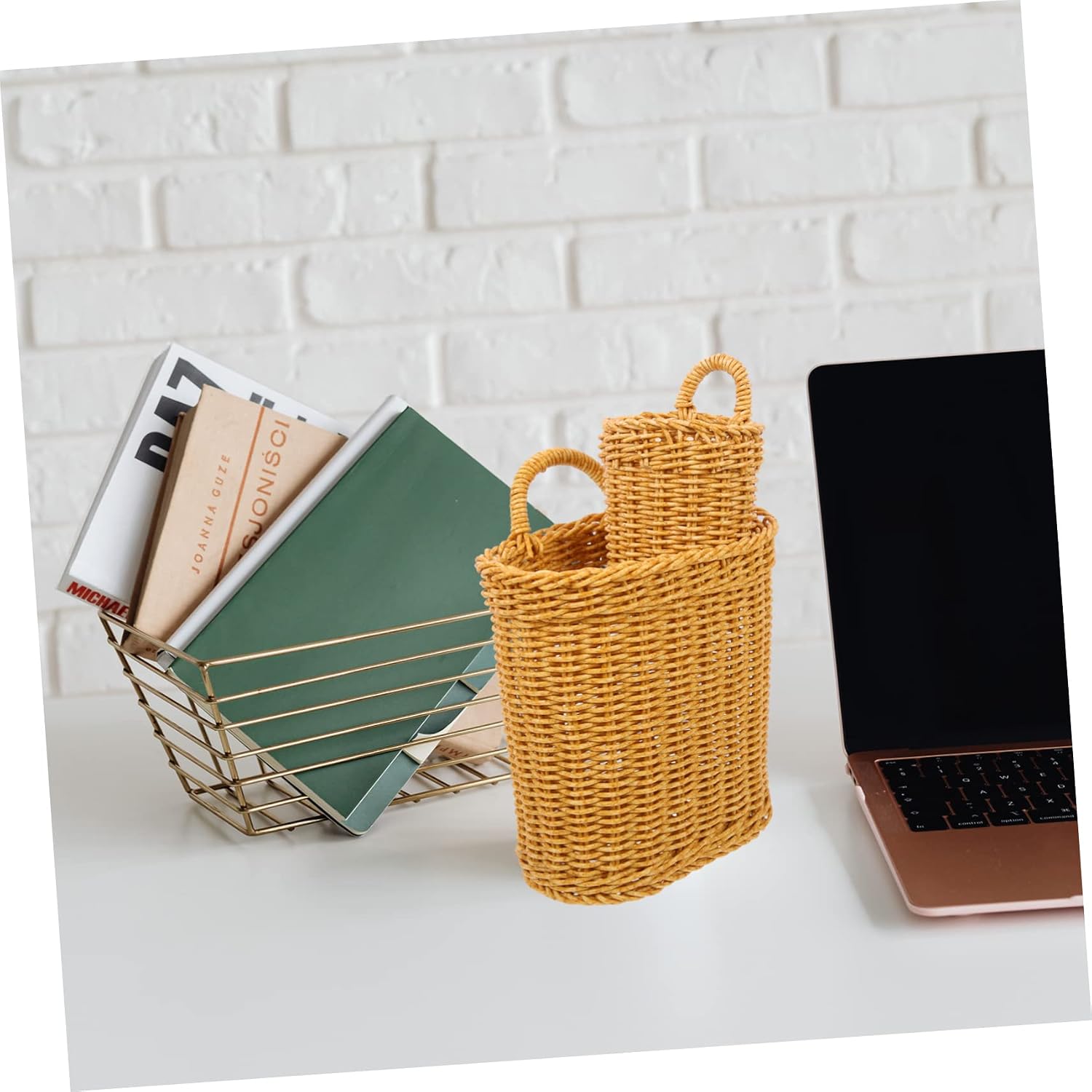 2pcs Imitation Rattan Hanging Storage Basket for Kitchen and Home Organization Woven Baskets for Fruits Vegetables and Decor Chic Pastoral Style Design