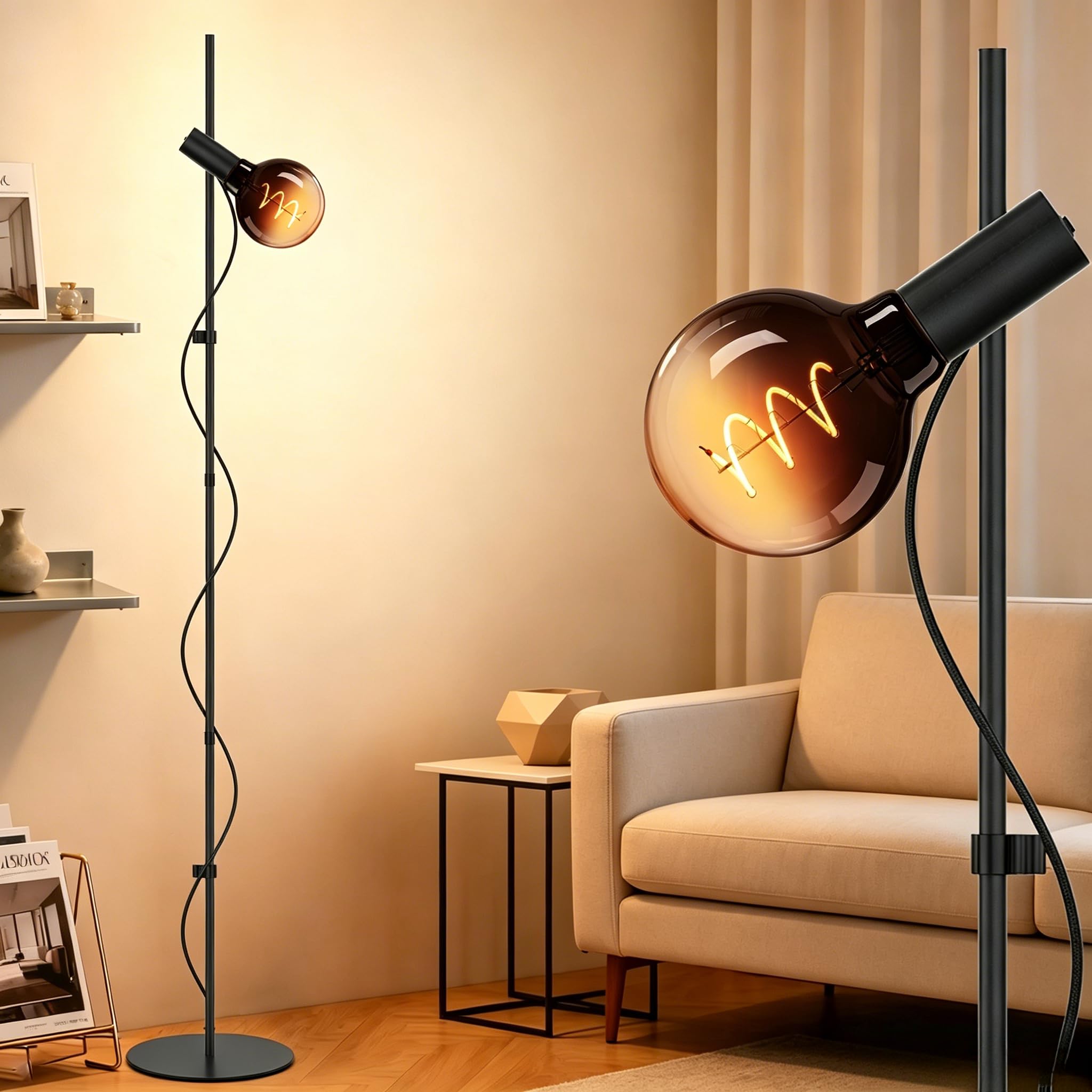 Photo 1 of SORHE LIDKO Floor Lamp for Living Room, Minimalist Industrial Standing Lamp with Modern LED Bulb (Amber Clear, Black+Amber Clear 2700k)