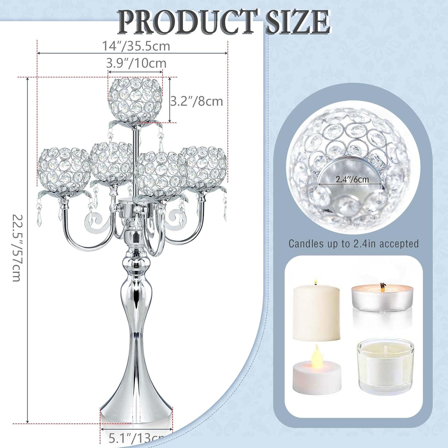2Pcs Elegant 5-Arm Tea Light Crystal Candle Holder with Pendant Chain & Round Crystal Bowl - 22.5 Inch Tall Silver Wedding Table Centerpiece for Holiday Events, Parties & Home Decor