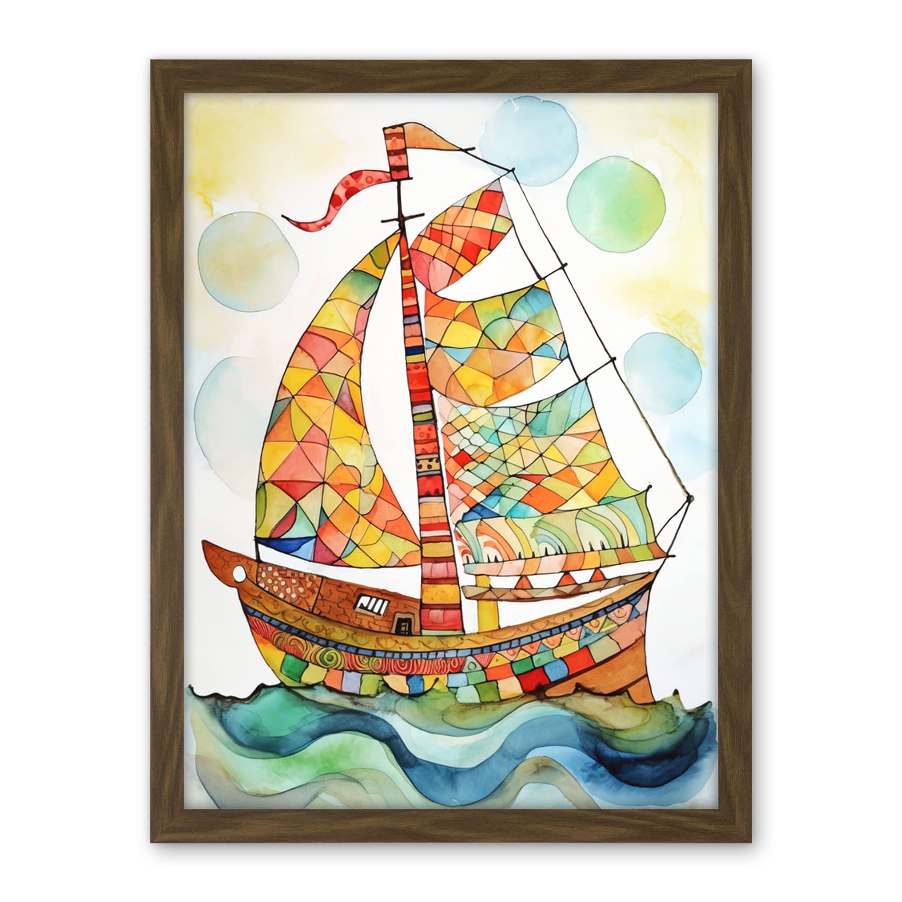 Artery8 Sailing Ship At Sunrise Folk Art Artwork Framed Wall Art Print 18X24 Inch