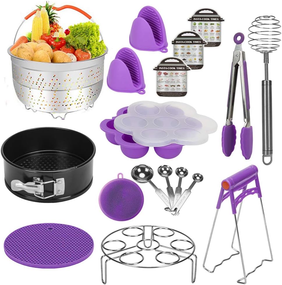 Accessories for Instant Pot Compatible with 6,8 Qt, Ninja Foodi 8qt - Stainless Steel Steamer Basket, Springform Pan, Egg Steamer Rack, Silicon Egg Bites Mold and More (Purple)