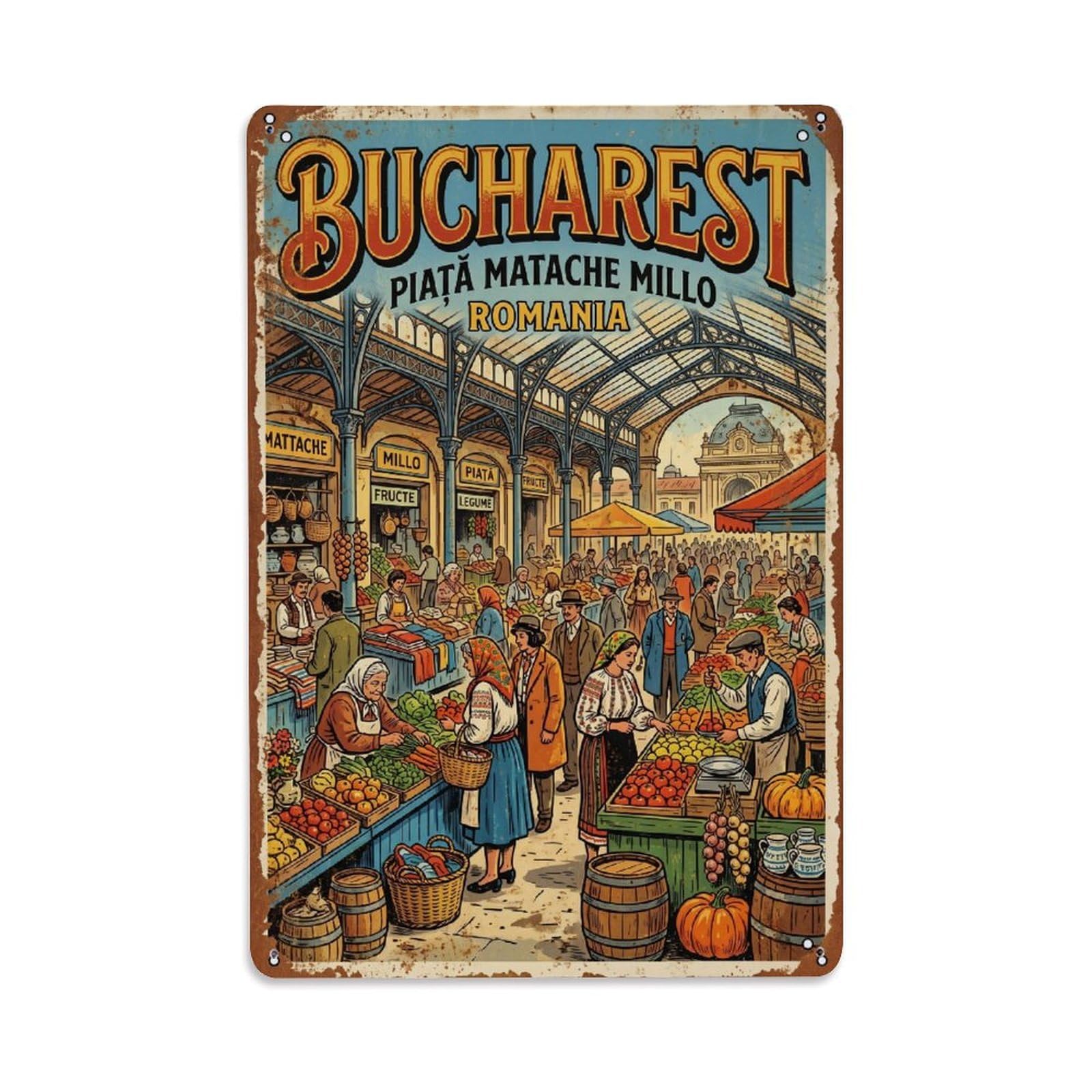 Vintage Travel Bucharest Piata Matache Millo Market Romania Metal Tin Sign Plaque Wall Decor for Cafe, Club Bar, Office, Home Garden Metal Poster 8x12Inch