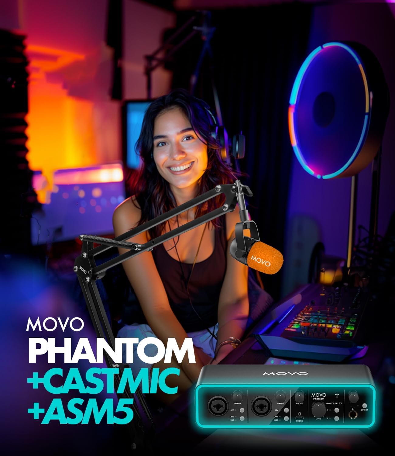 Movo Podcasting Equipment Bundle - Phantom USB Audio Interface, 2 CastMic XLR Dynamic Microphones, and 2 Boom Arms - Complete Studio Setup for Professional Podcasting and Streaming