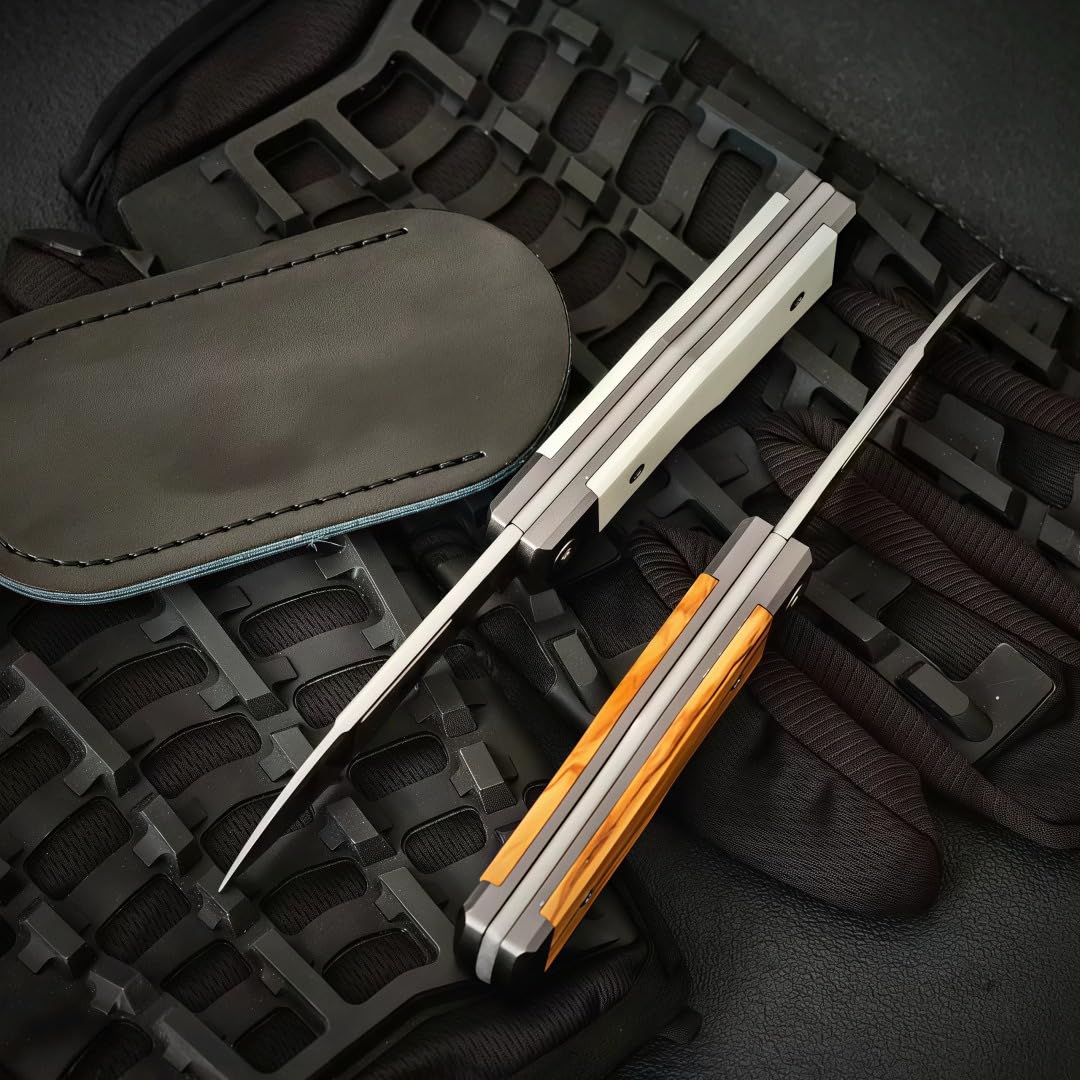 Generisch Klappmesser 16 cm mit M390 Stahl und G10 Aluminiumgriff Leichtes Taschenmesser für Camping Wandern Reisen Freizeit und Outdoor Aktivitäten (Olivenholz)