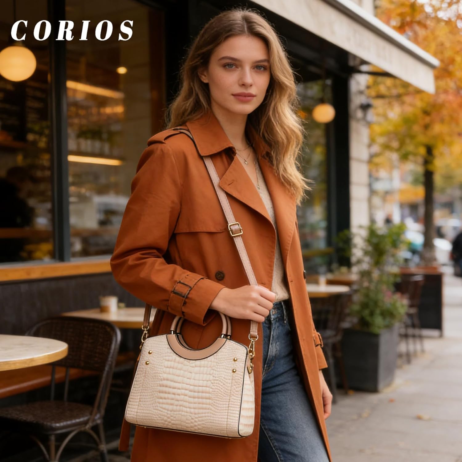 CORIOS PU Leather Handbag for Women Crocodile Embossed Shoulder Bag Waterproof Crossbody Bag Large Messenger Bag