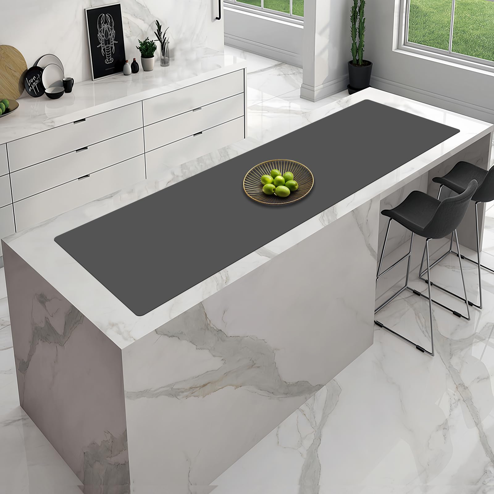 Grand set de table en silicone antidérapant, 200 x 40 cm, tapis de protection extra large pour comptoir de cuisine/travaux manuels, gris foncé