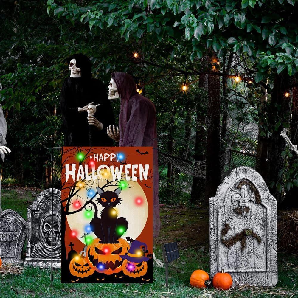 Happy Halloween Garden Flag with Lights, 12x18 in Solar Double Sided Pumpkin Cat Yard Flags, Halloween Outdoor Decorations for Patio, Lawn - Image 6