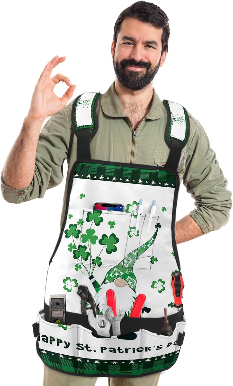 Work Apron for Men Adjustable Woodworking Apron Oxford Apron Happy St. Patrick's Day Cute Gnome Holding Clovers Tool Apron