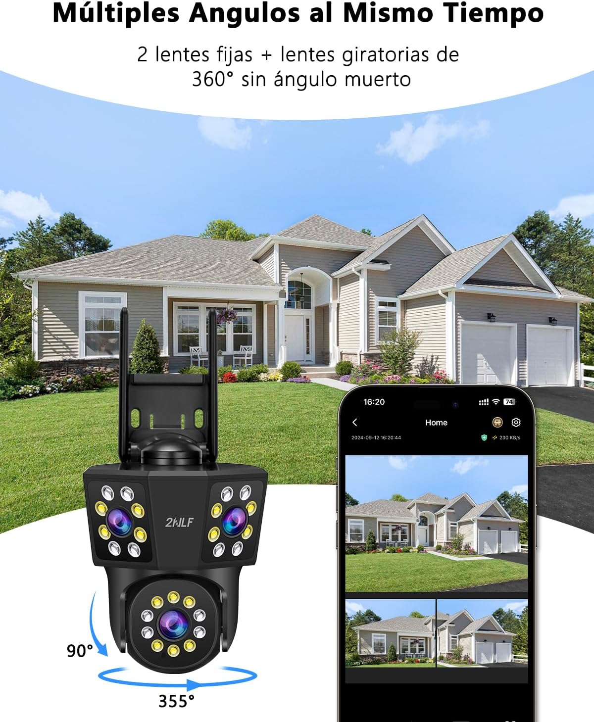 Image showing a house with the camera installed, displaying 360-degree coverage with 90-degree vertical and 355-degree horizontal rotation