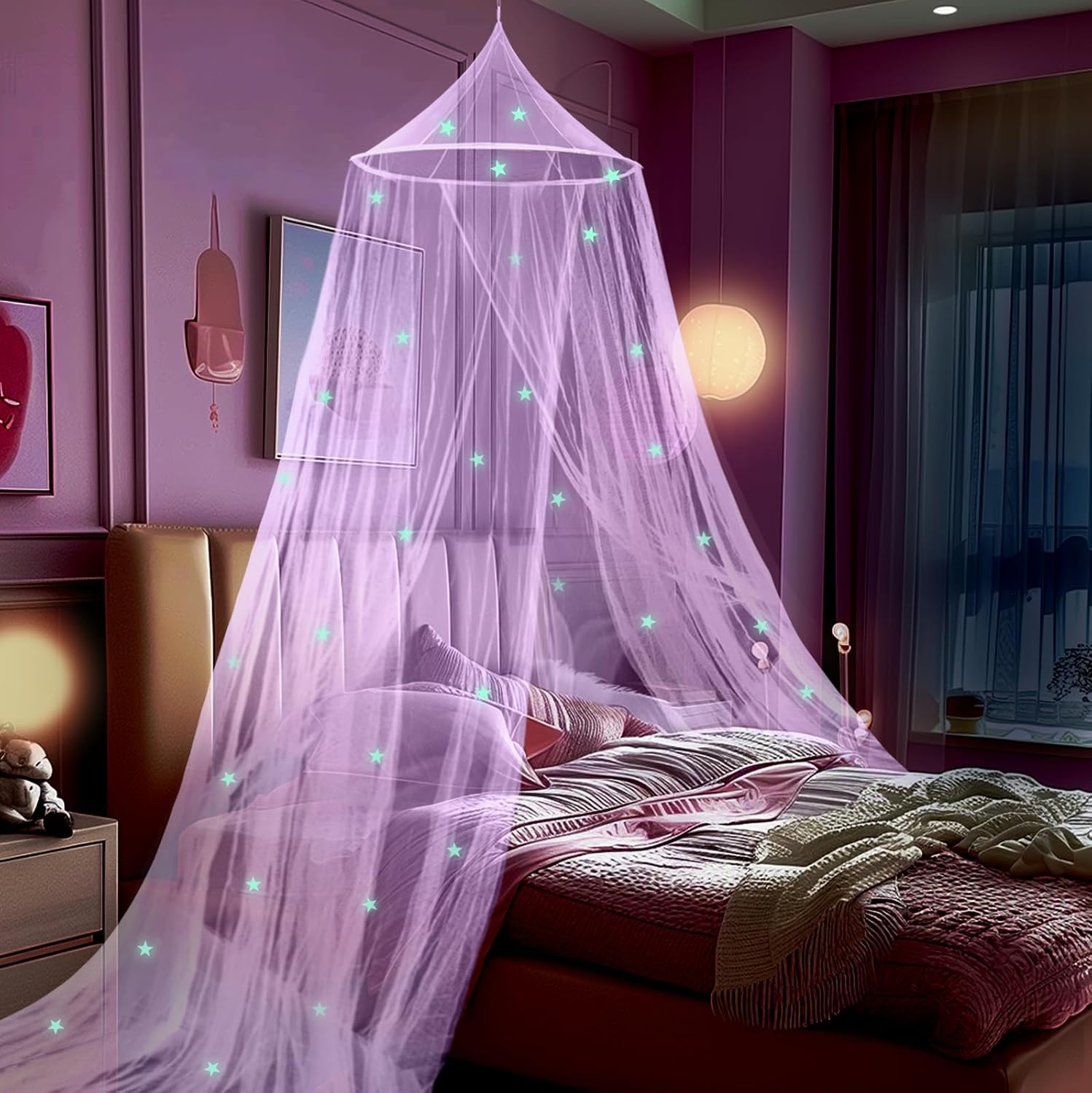 Amazon.com: Daksha Purple Princess Bed Canopy for Girls with Glowing ...