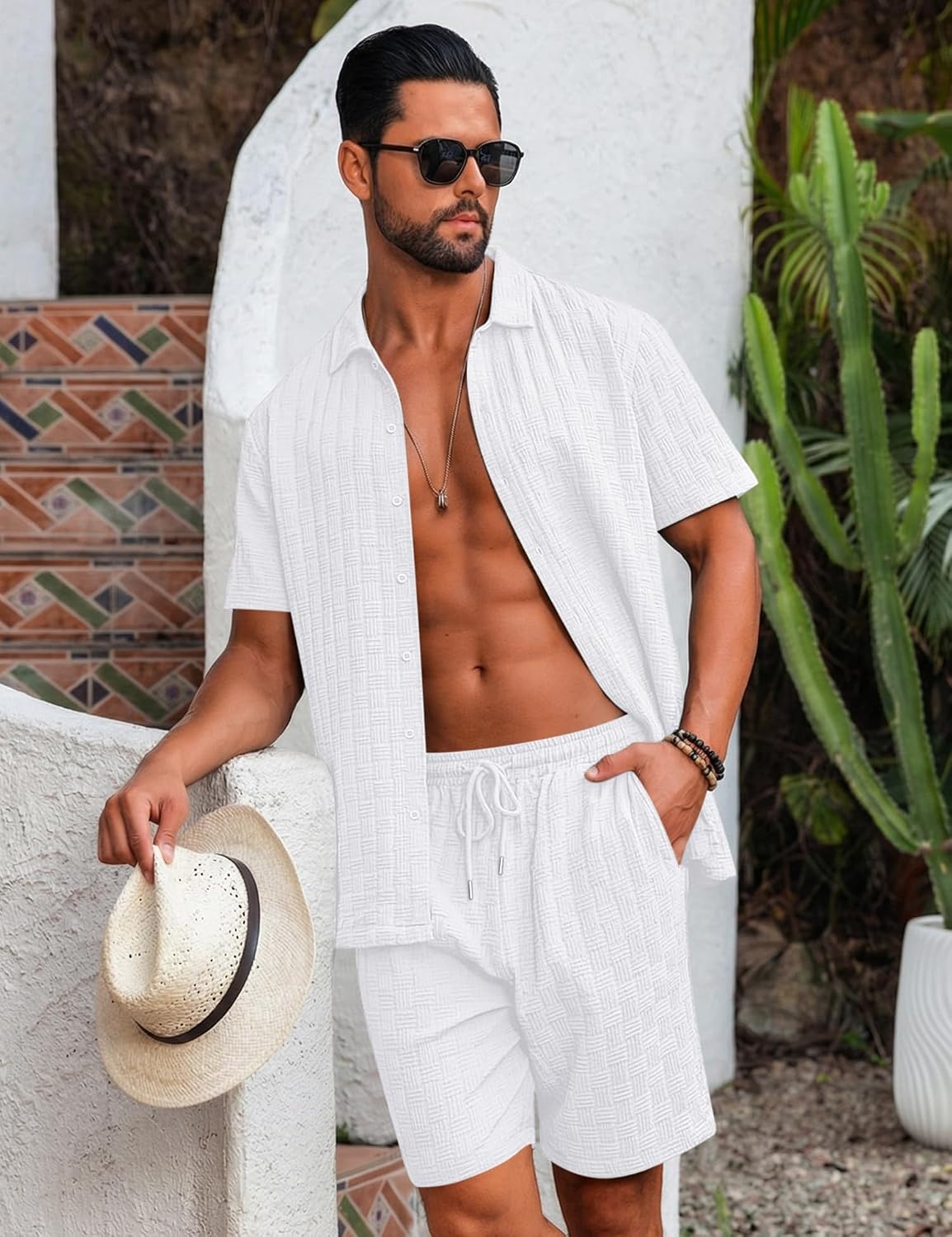 LecGee Men's Summer Casual 2 Piece Outfits Textured Button Up Shirts and Elastic Shorts Beach Vacation Outfits M-3XL