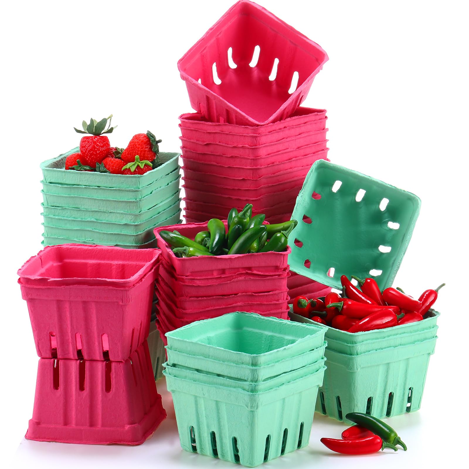 Suzile 300 Pcs 1 Quart Molded Pulp Fiber Berry Basket Produce Vented Container for Fruit and Vegetable, Farmers Market, Grocery Stores, Backyard Party, 150 Pcs Blue Green and 150 Pcs Rose Red