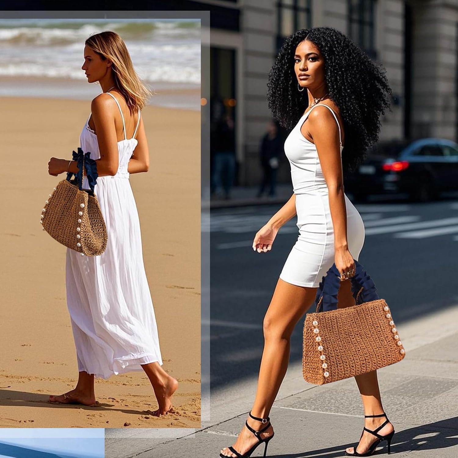 Straw Tote Bag for Women Pearls Woven Handbags Summer Travel beach bags Fashion Purse