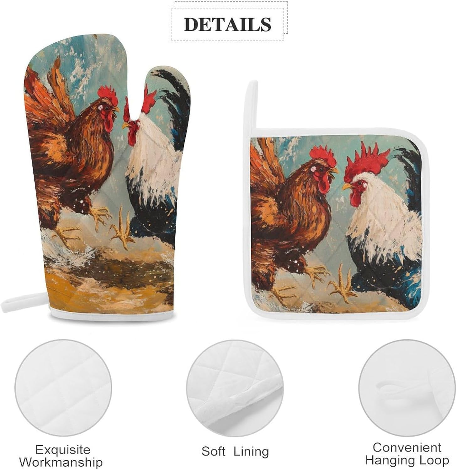 Rooster Fighting Oven Mitts and Pot Holders 4Pcs Set Heat Resistant Cooking Mitts Hot Pads
