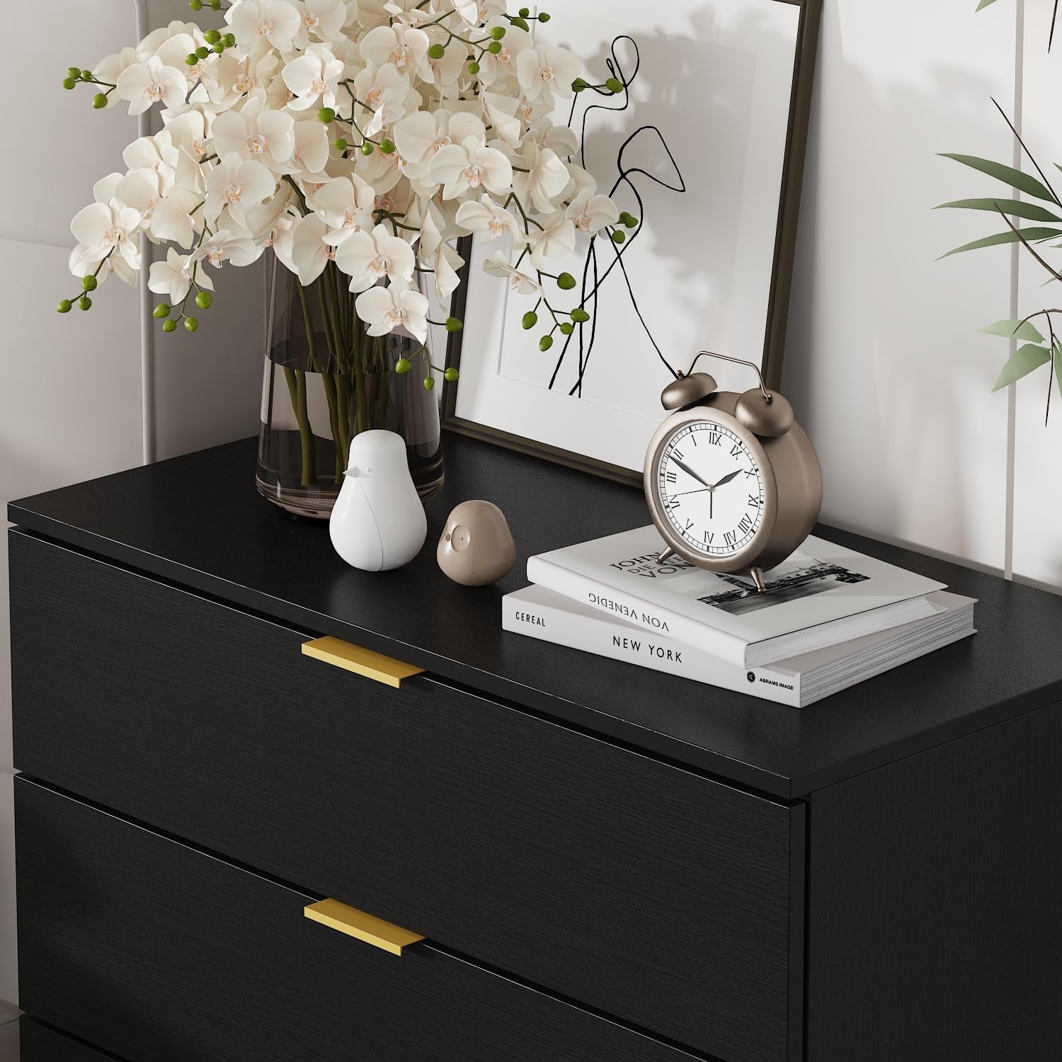 Black Nightstand with 3 Drawers, Modern Night Stand Bedside Table with Drawers and Golden Legs, Wide End Table for Small Space, Entryway, 29.7" H