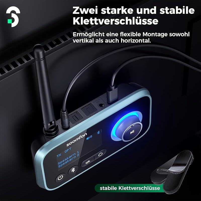 SOOMFON 3-in-1 Bluetooth 5.0 Adó Vevő 2 Fejhallgatóhoz, TV PC Sztereó Audio Adapter Alacsony Késleltetéssel, Hangerő Szabályozás
