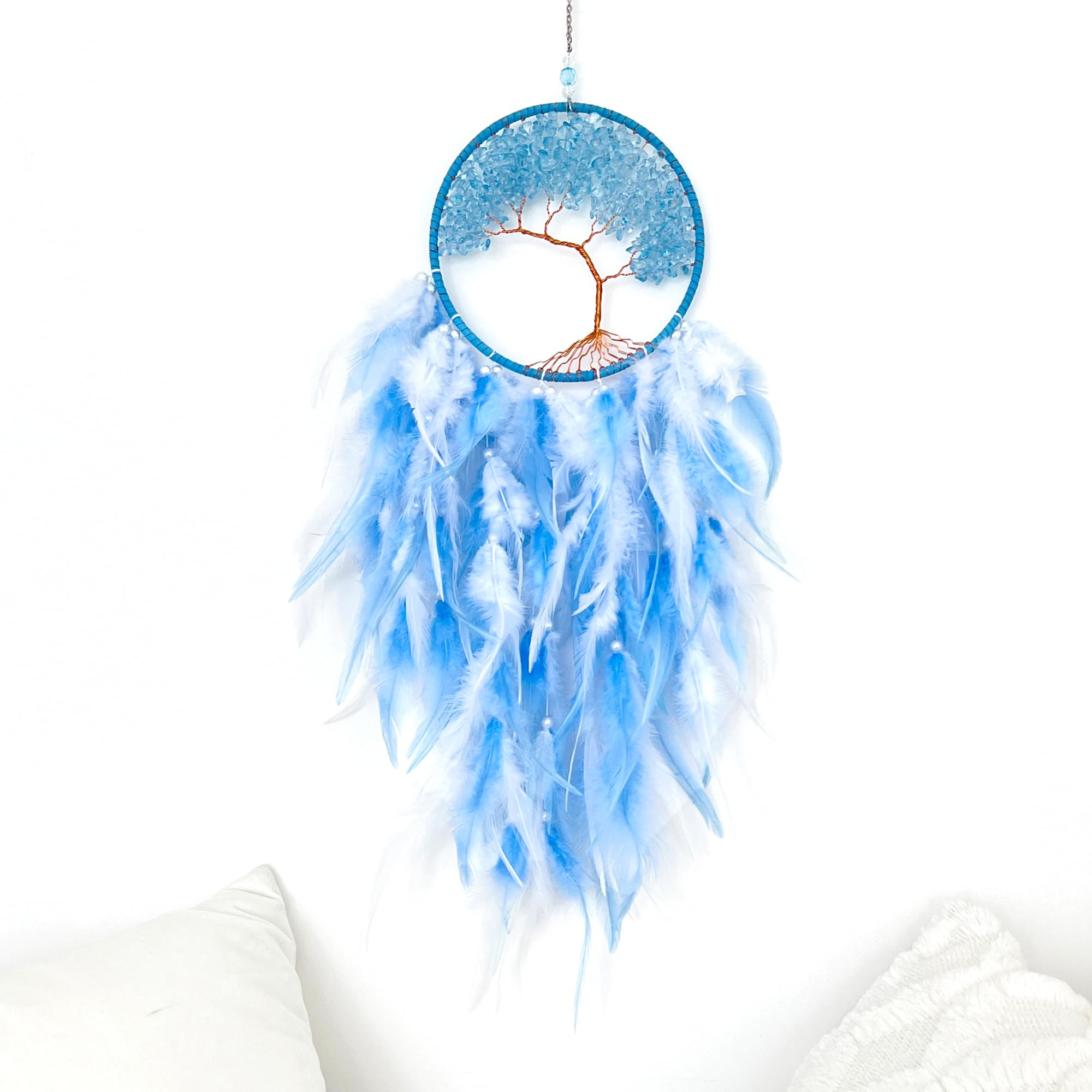 Dream Catcher, Sky Blue Tree of Life Dream Catchers with Crystal Stones & Natural Feather Handmade Wall Hanging Ornament Bedroom Decoration As Best Wishes Blessing Gift (C Sky Blue)-image-18
