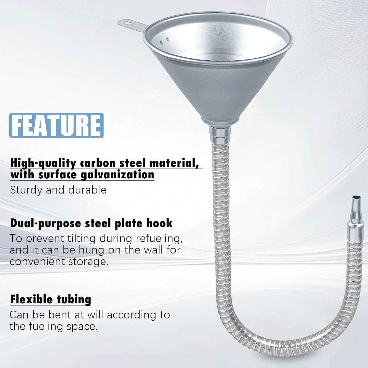 24.4" Steel Bendable Spout Funnel with Filter, Silver Galvanized Funnel for All Automotive Oils, Diesel Fuel and Other Liquids