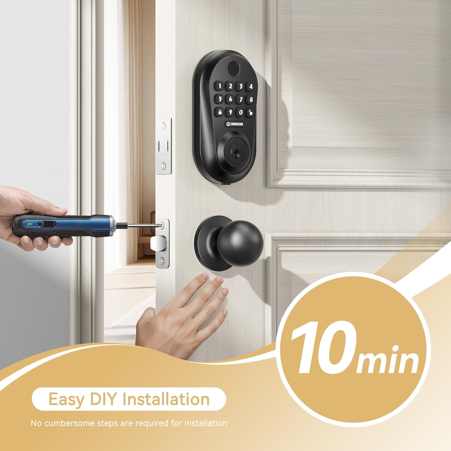 Image showing a person installing the deadbolt with a screwdriver, highlighting easy DIY installation.