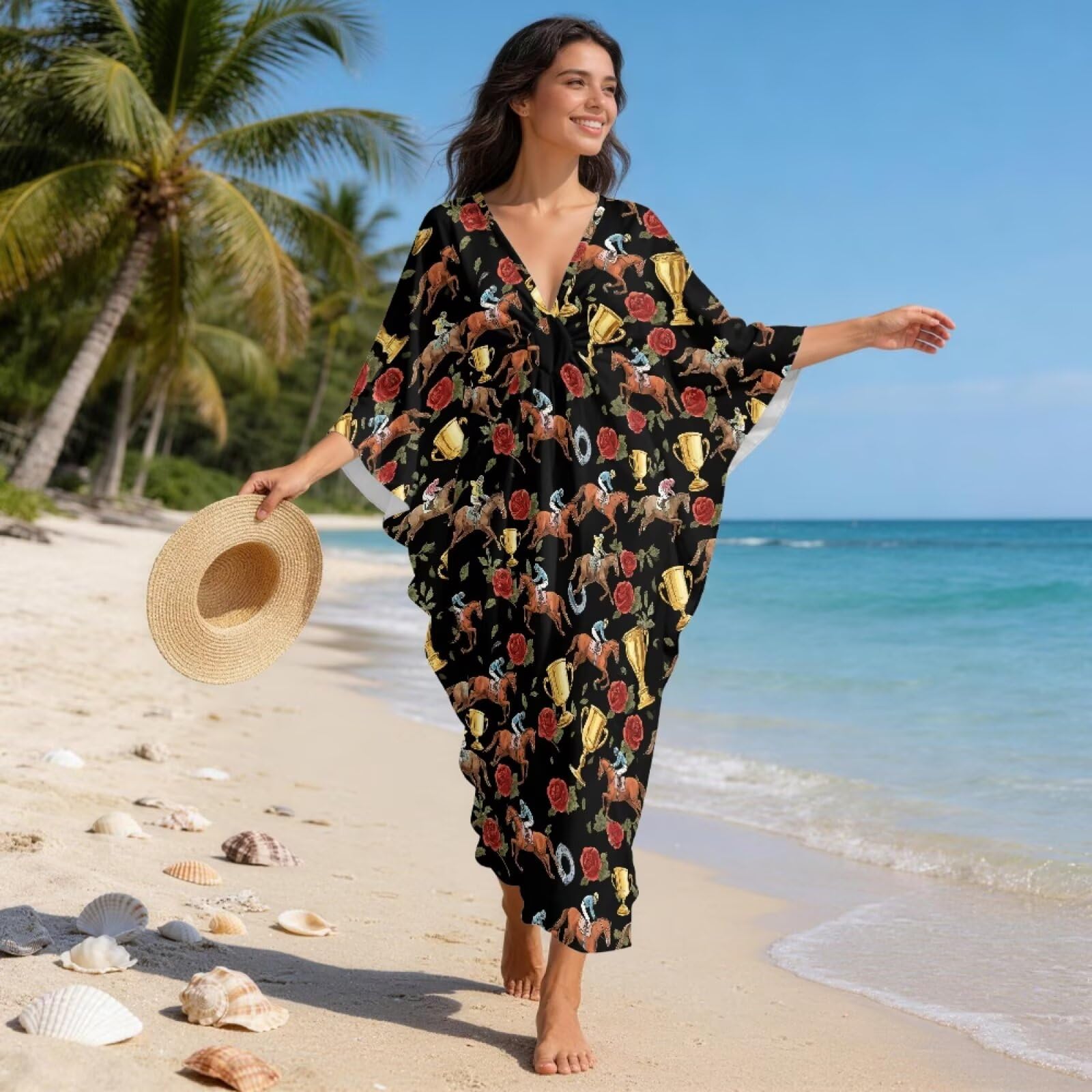 Damska letnia kaftanowa okrycie plażowe rękawy nietoperz maxi sukienka plażowa dekolt w serek okrycie plus size odzież domowa
