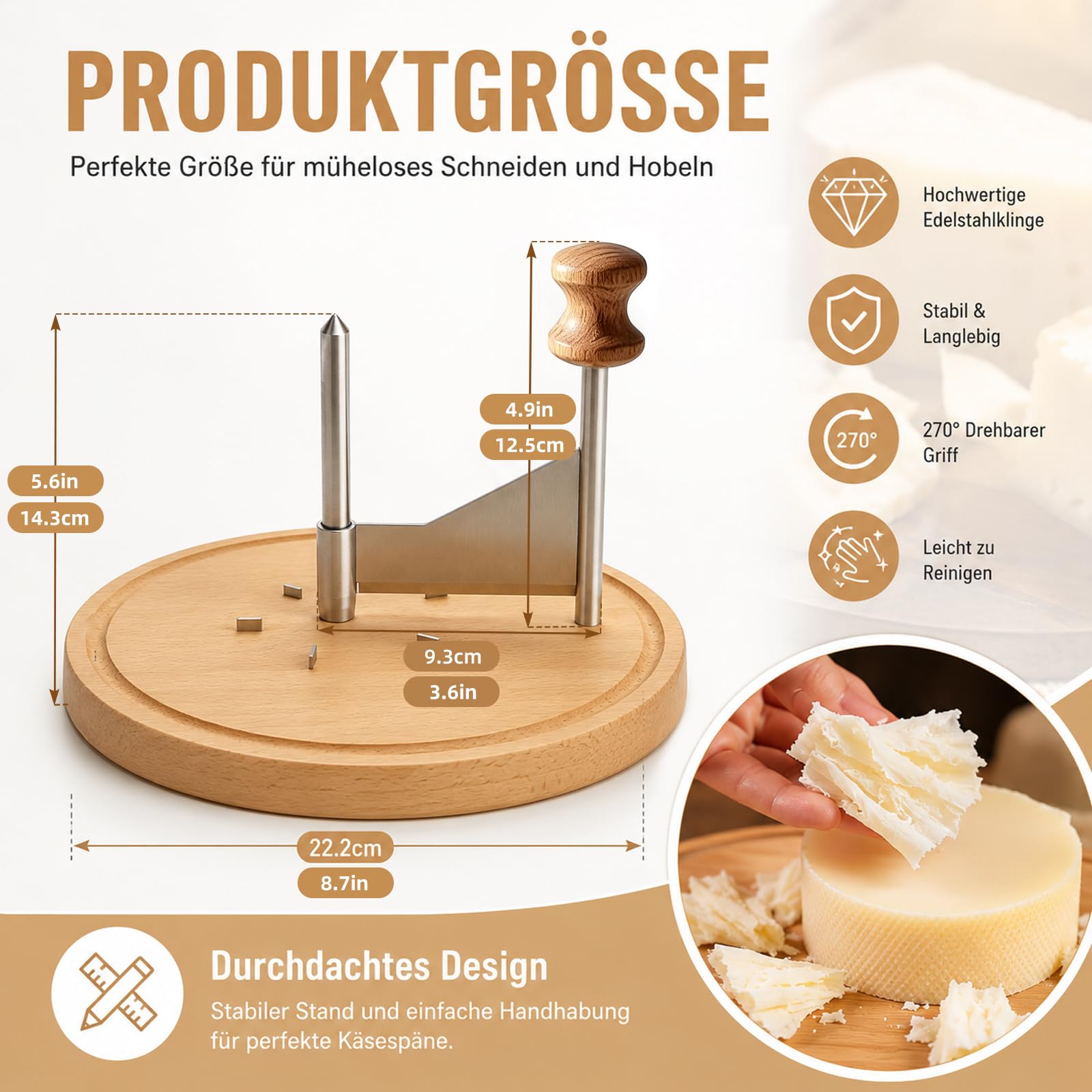 Affetta formaggio rotonda in legno per Tête de Moine, diametro 22 cm x 14,3 cm, raschietto rotante per formaggio con lama in acciaio inox, per fiori di formaggio e cioccolato, bigodini per gourmet