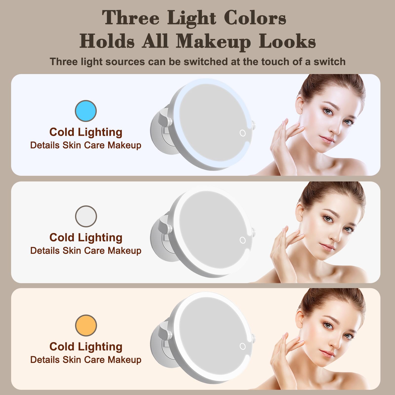 Specchio Ingranditore 10x,Specchio Trucco con Luci,Ricaricabile,Rotazione a 360°,3 Colori di Luce LED,Luminosità Regolabile,Ventosa Potente,Pinzette per Vanità Del Bagno e Viaggio