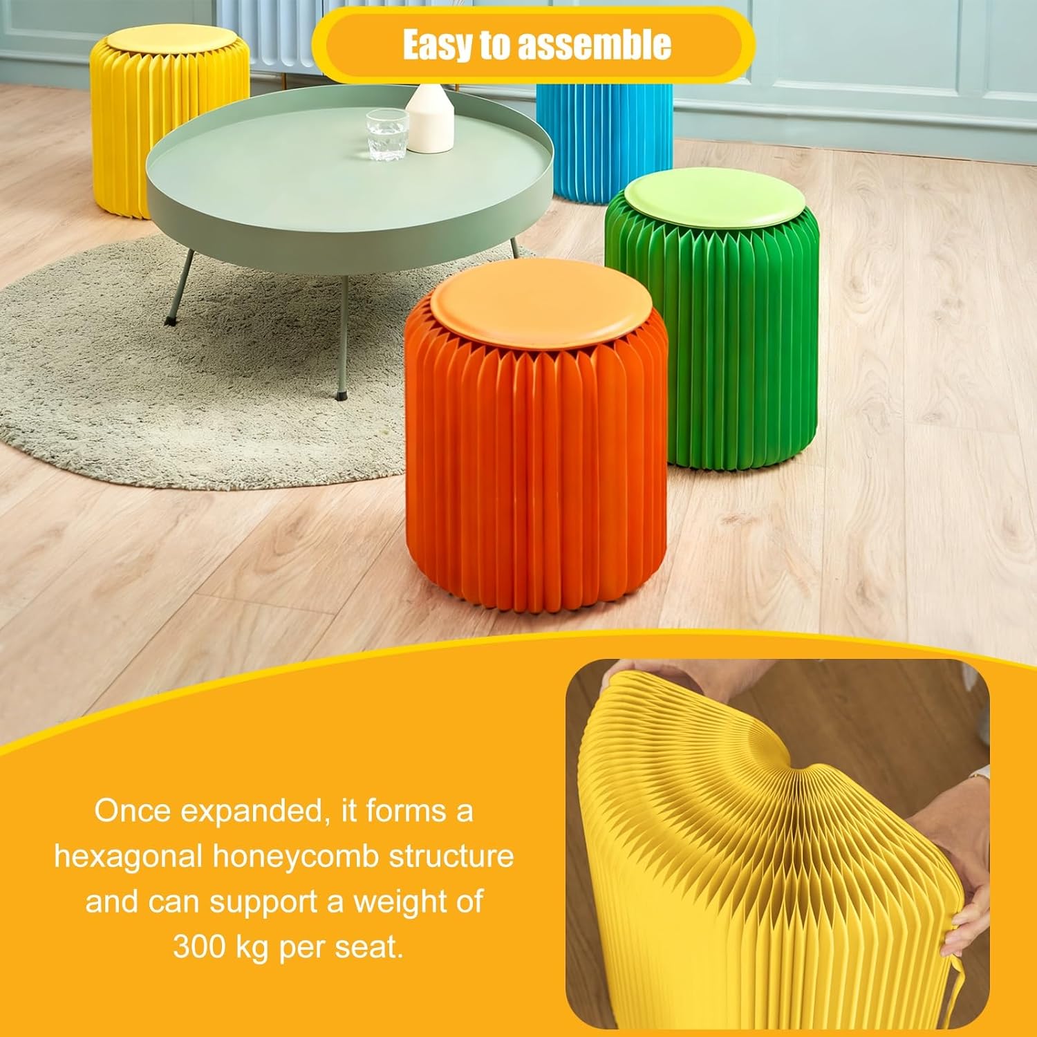 Accordion Folding Paper Stool, Collapsible Stool with Cushions, Eco-Friendly Kraft Honeycomb Design, Cardboard Stool for Fitting Room, Exhibition Halls, Office, Easy Assembly(Yellow,32x30cm)