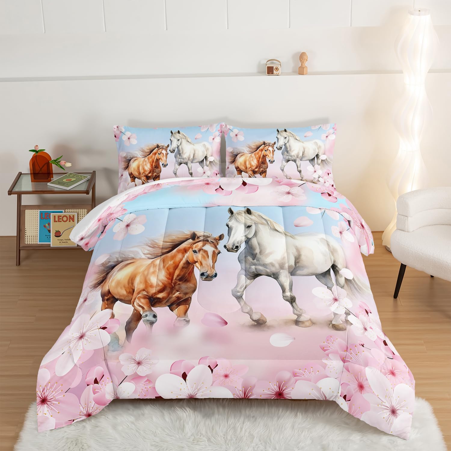 HOSIMA Galloping Brown White Horse Full Size Comforter Set Pink Cherry Blossom Bedding 3Pcs,Animal Toddler Bed Comforter Sets for Girls Boys Farmhouse Comforter Kids Room Decor Aesthetic. - Image 3