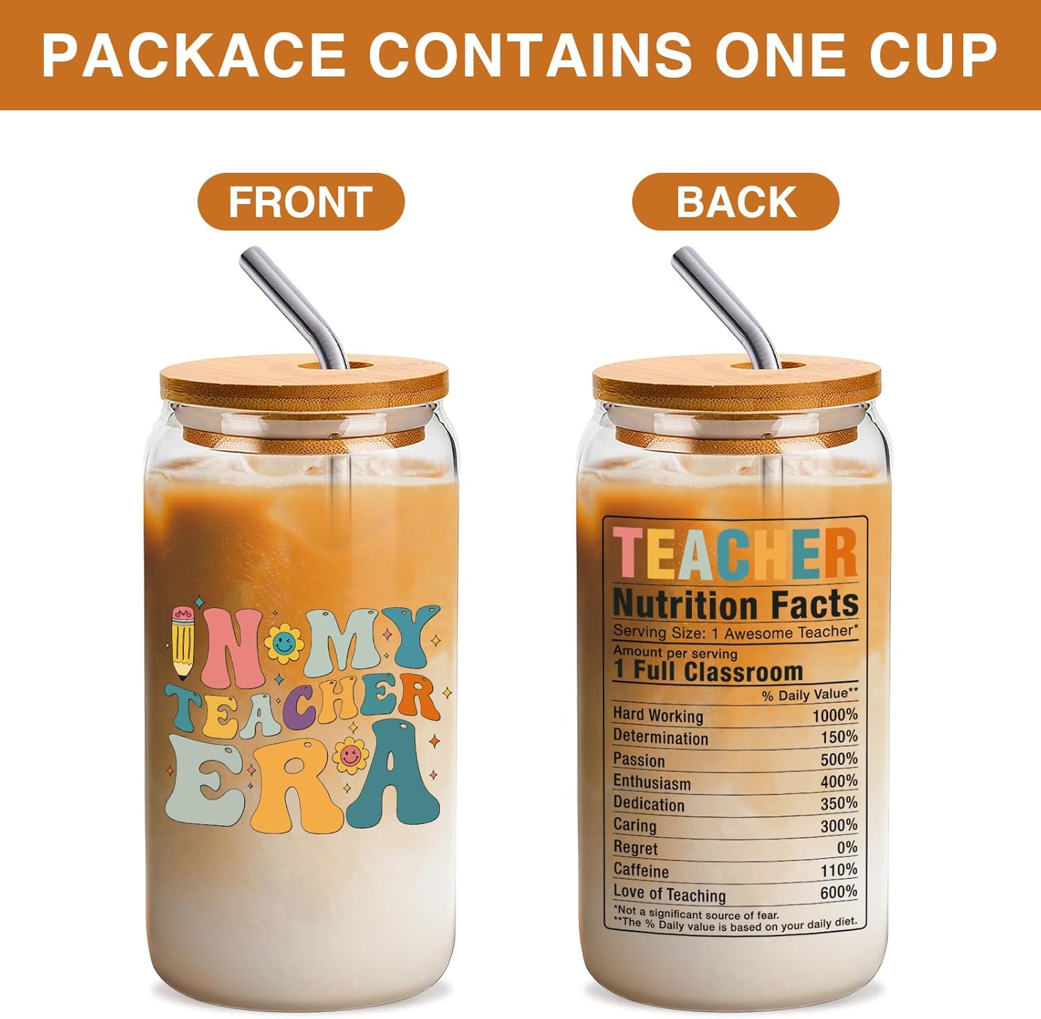 16Oz Teacher Glass Coffee Cup with Bamboo Lid - Insulated Thank You Gifts for Women Teachers, Ideal for Back to School, Retirement, End of Yea - Image 2