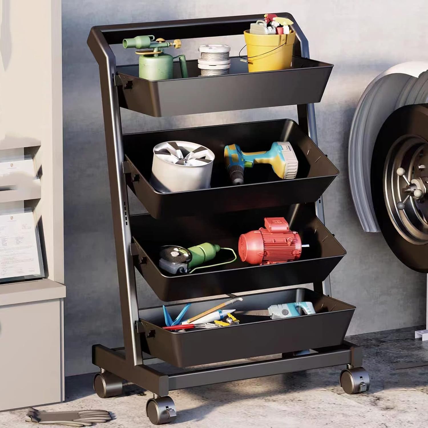Panier de rangement rotatif pour cuisine organisé avec chariot de rangement roulant