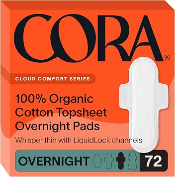 Cora 100% Organic Cotton Topsheet Pads 72 Overnight Pads