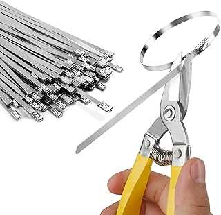 Sinlon Heavy Duty Metal Zip Ties (With Tie Cutter) Uv Resistant Stainless Steel Zip Ties, 11.8 Inch 50 Pieces, Self-Locking Zip Ties, Suitable For Fixing Fences, Pipes, Etc. Outdoor.