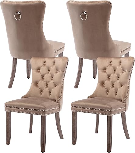 Miniatura 31 de Juego de 4 sillas de comedor de terciopelo, sillas de comedor tapizadas con ribete de cabeza de clavo, patas de madera, anillo de tracción, sillas