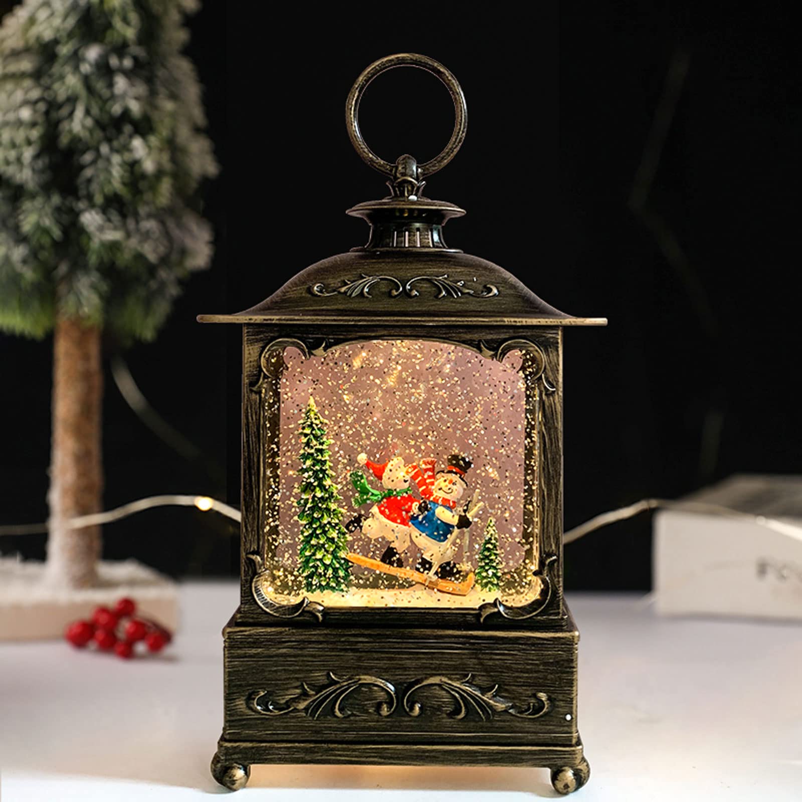 Lanterna a candela, lanterna natalizia con globo di neve, lanterna musicale da appendere con 12 canzoni natalizie, luce natalizia a batteria/USB, decorazione natalizia con lanterna glitterata ( Color
