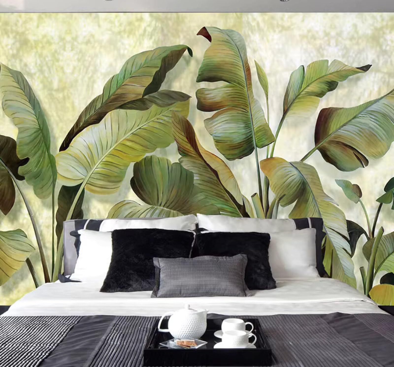 Vintage Three Dimensional Green Plants Banana Leaves 3D Wallpaper Easy Install Feature Office Living Room Sofa Bedroom TV Background Wall Decoration-350cm×256cm