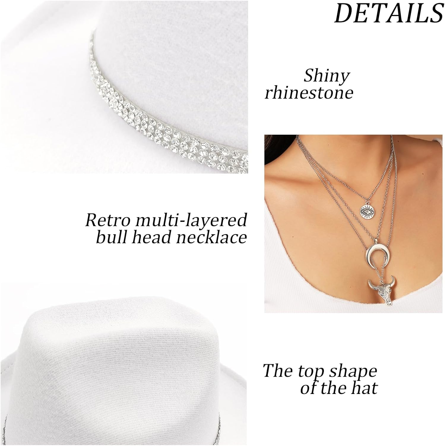 Western Black Cowboy Hats for Women Men, Fedora Wide Brim Rhinestone Cowgirl Hat with Bandana and Evil Eye Bull Head Necklace - Image 3