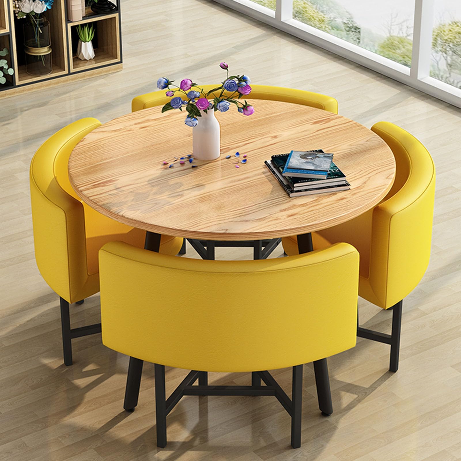 Stylish Round Dining Table Set With 4 Chairs Dining Table and Chair Sets Featuring Comfortable Cushions With Wear-Resistant Scratch-Proof Properties Suitable for Home Use CaféS Loung Round Table - E3