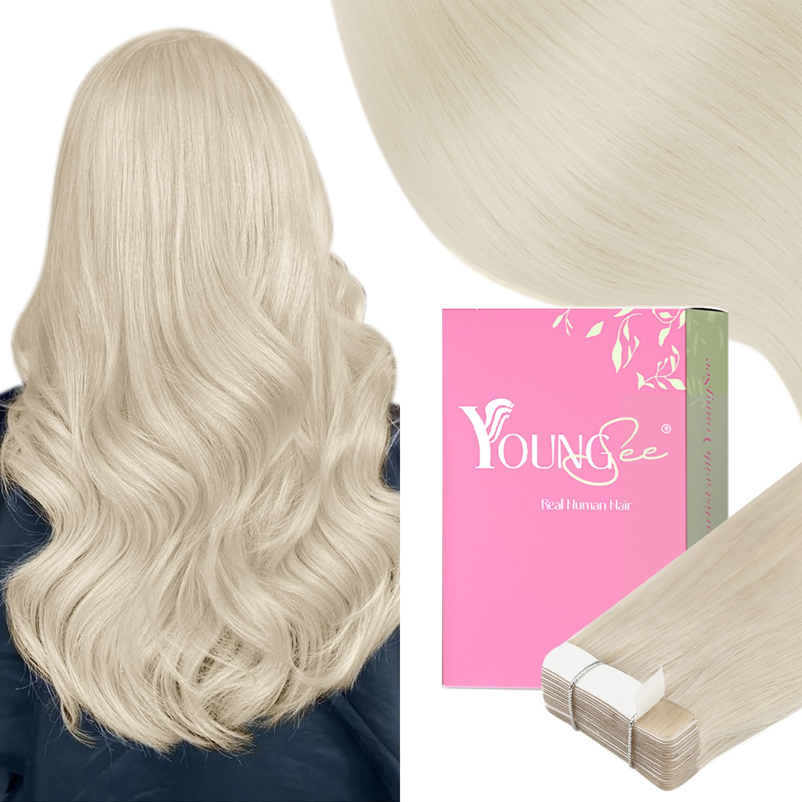 YoungSee Blonde Tape in Hair Extensions Human Hair Tape in Extensions Platinum Blonde Hair Extension Tape-in Blonde 14 Inch 50g Tape-in Extension Remy
